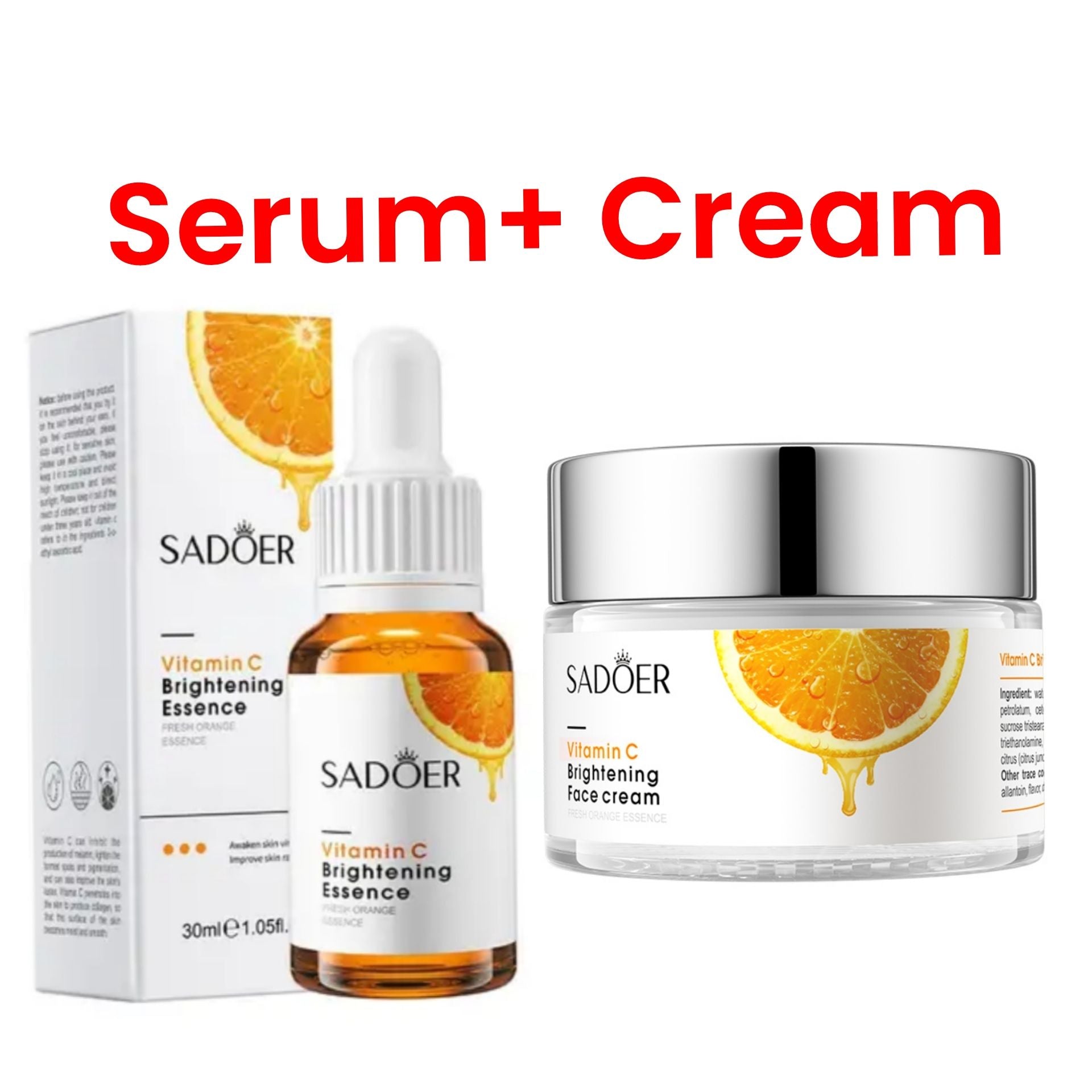 2 in 1 Sadoer Set of Vitamin C Face Brightening Cream + Vitamin C Facial Brightening Essence/Serum, Brightens Skin, Moisturizes, Fades Dark Spots, Makes the Skin Glow
