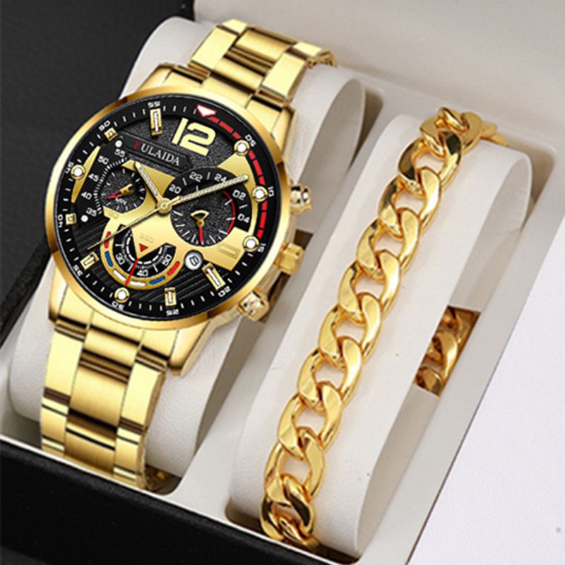 2PCS Fashion Mens Calendar Watches Luxury Male Stainless Steel Quartz Wristwatch Luminous Clock Men Bracelet Wrist Watch
