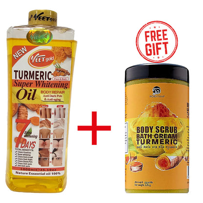 2 Pack Turmeric Body Oil 1000ml + Body Scrub 550g Super Whitening Skin Repair Anti-Aging Removes Wrinkles Dark Spots & Smooths Clears Knuckles PornThap Premium Organic Exfoliating Body Scrub