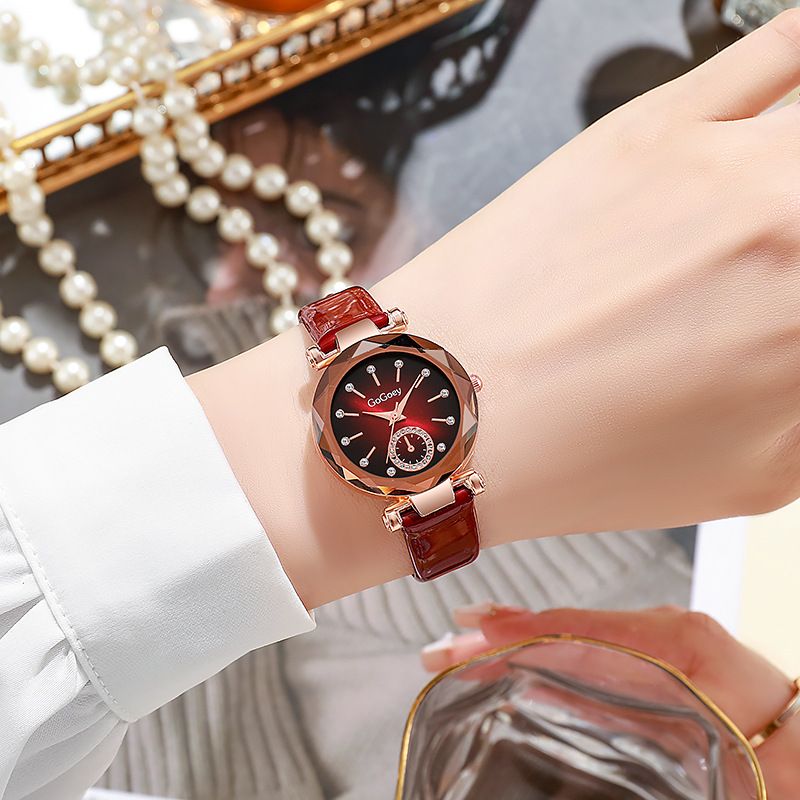 New Style Fashion Ladies Watch Female Rhinestone Seven Beads Simple Leather Belt Niche Student Party High-End Quartz Watch