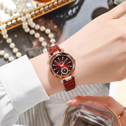 New Style Fashion Ladies Watch Female Rhinestone Seven Beads Simple Leather Belt Niche Student Party High-End Quartz Watch