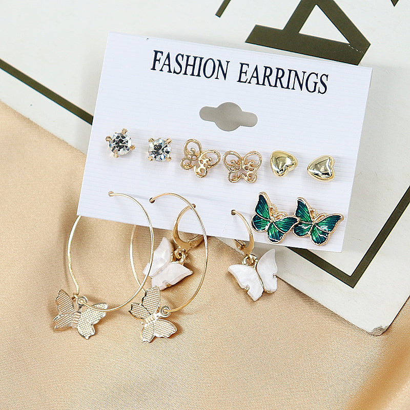 6 Pieces / set Jewelry Love Diamond Stud Earrings Butterfly Stud Earrings Gold Amazon Hot Selling as picture