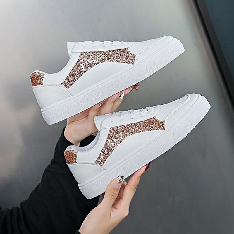 Size 38-41 Women's PU artificial leather white shoes ladies fashion sports athletic students running sneakers girls flat casual lace-up board shoes white +golden