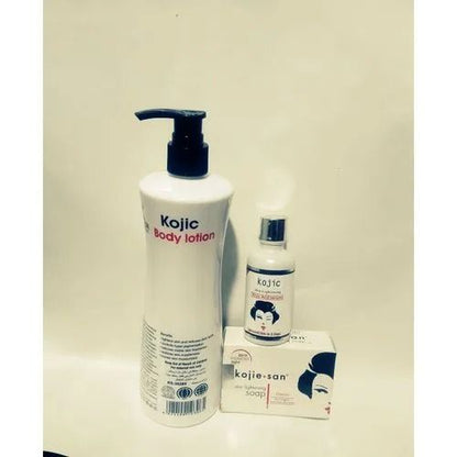 3 Pack Kojie San Kojic Skin Lightening Kojic Lotion, Serum And Soap Skin Care Series 3 Items, Gold Caviar Extract Helps With Whitening and Revitalising Your Skin ( Pack Of 3 Piece Set ) Skin Care Set