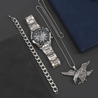 3pcs set Best Selling Fashion Mens Sports Gold Three Eyes Watches Men Business Steel Quartz Wrist Watch Calendar Male Casual Eagle Necklace Bracelet Wristwatch With Box
