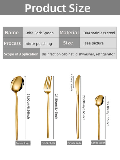 24pcs Gold Dinnerware Set Stainless Steel Steak Knife Fork Coffee Spoon Teaspoon Flatware Sets Dishwasher Safe Kitchen Tablewar