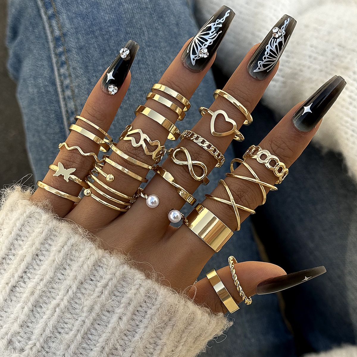 22PCS Women's Butterfly Rings Opening Multioint Rings Set Love Rings Female High Quality Accessories Women's Jewelry Set Used For Shooting Props Or Daily Wear