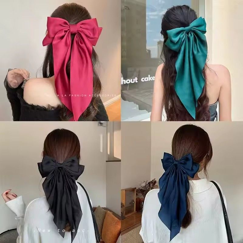 Elegant Large Bow Ribbon Hair Clip For Women Girl Sweet Headbands Soft Satin Hairpin Hairgrip Fashion Hair Accessories Solid Color Ponytail Clip