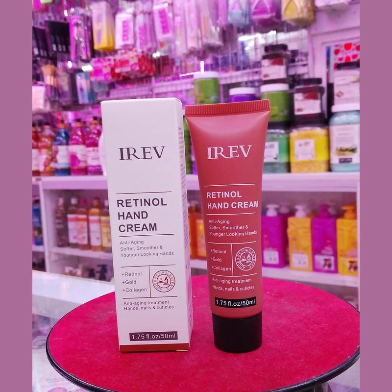 IREV Retinol Hand Cream on a pink surface with a store shelf in the background