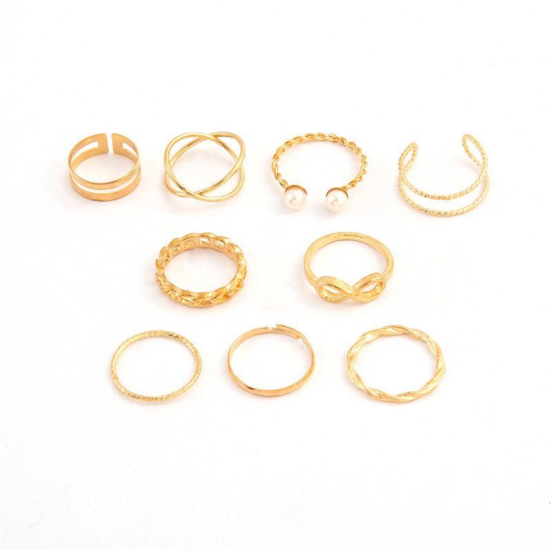 ZHJH 9PCS Ring Set Bohemian Style Inlaid Pearl Joint Ring 8-character Geometric Hollow Design Combination Ring Set Daily Wear Festival Set