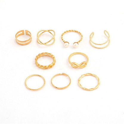 ZHJH 9PCS Ring Set Bohemian Style Inlaid Pearl Joint Ring 8-character Geometric Hollow Design Combination Ring Set Daily Wear Festival Set