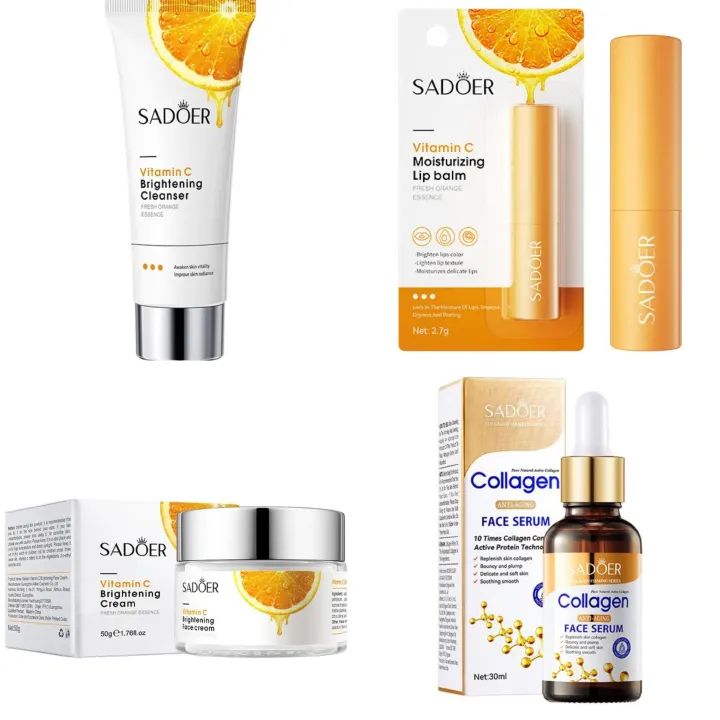 4 in 1 SADOER Brightening Kit, Vitamin C Cream + Collagen Face Serum + Face Brightening Cleanser + Vitamin C Lip Brightening Lip balm, Brighten, Fight Acne and pimples, Reduce Fine lines and Wrinkles