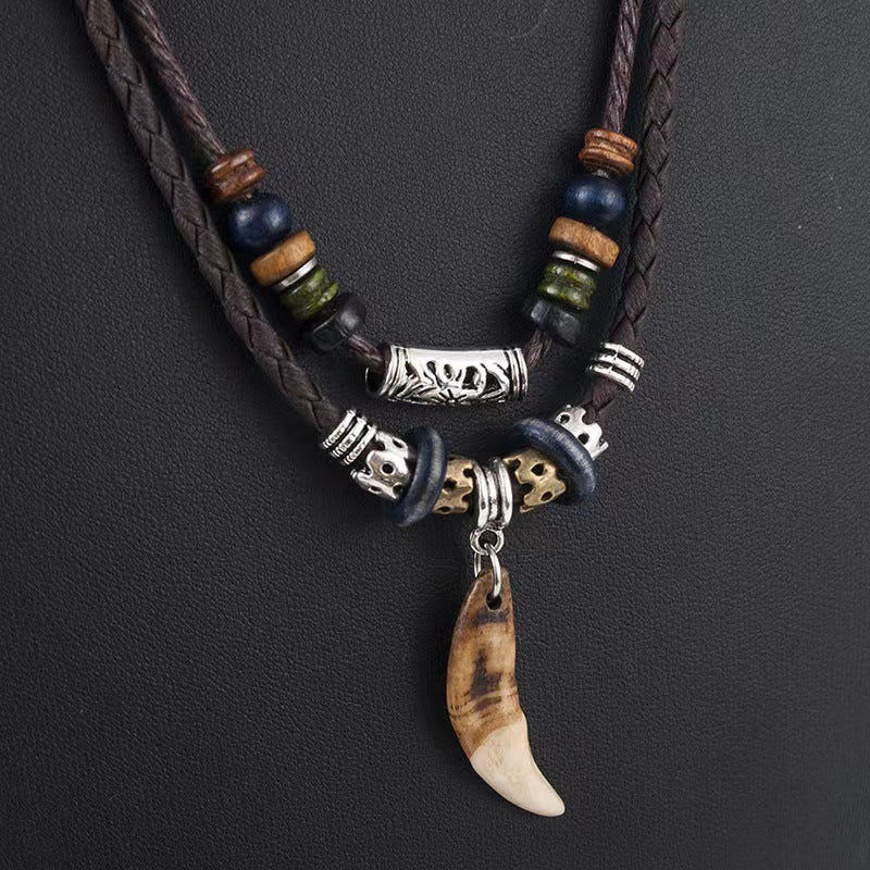 Men Bohemian Wolf Tooth Pendant Necklace Woven Vintage Handmade Cross Beads Stylish Tribal Design Tooth Rope Necklace Jewelry