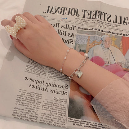 1-piece Elegant and Popular Fashionable and Versatile Bracelet Love Pearl Double Layer Bracelet Peach Heart Pendant Handicraft for Women