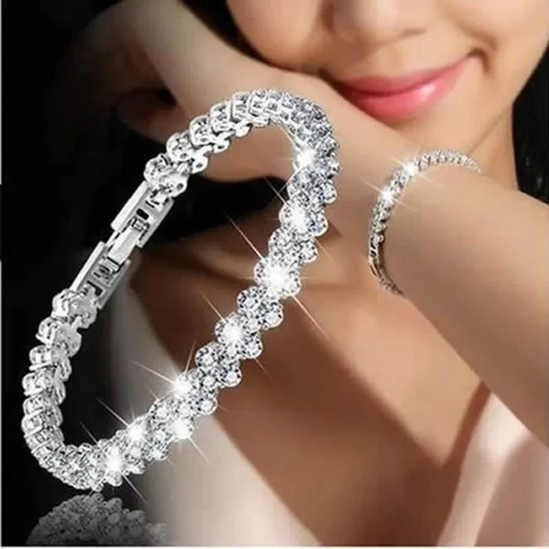 Luxury Roman Crystal Bracelets For Women Fashion Heart Chain Bracelets Rhinestone Bangle Bridal Jewelry Accessories