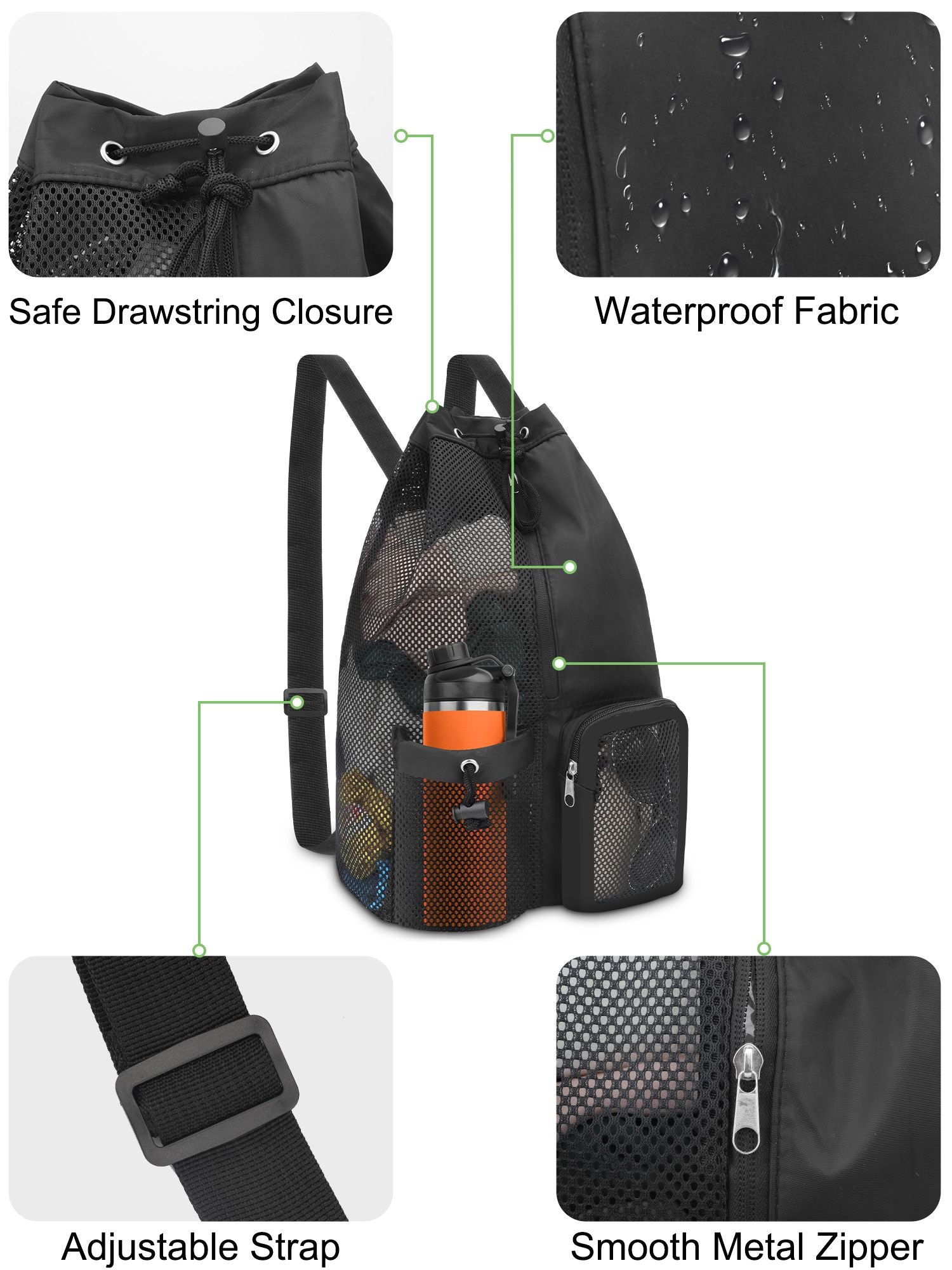 Swim Bag Mesh Drawstring Backpack with Wet Dry Pocket, Mesh Equipment Bag for Men Women Swimming, Gym, Beach and Workout Gear