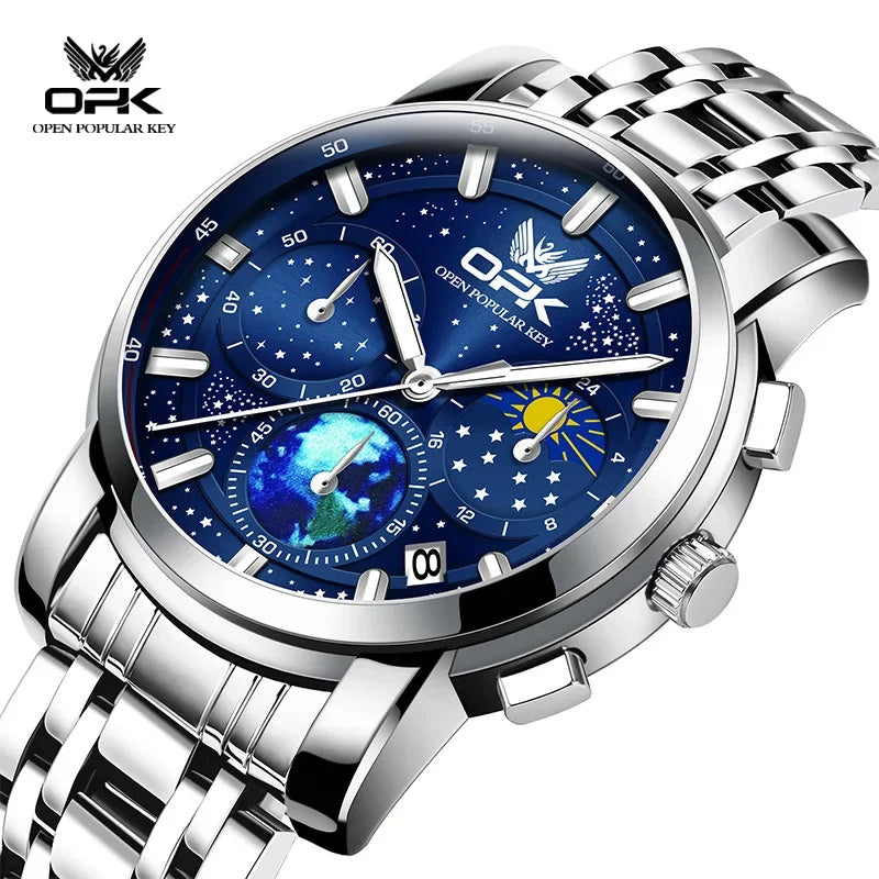 OPK Quartz Watches for Men Starry Sky Display Moon phase Multifunctional Stainless Steel Waterproof Luxury Mens Watch
