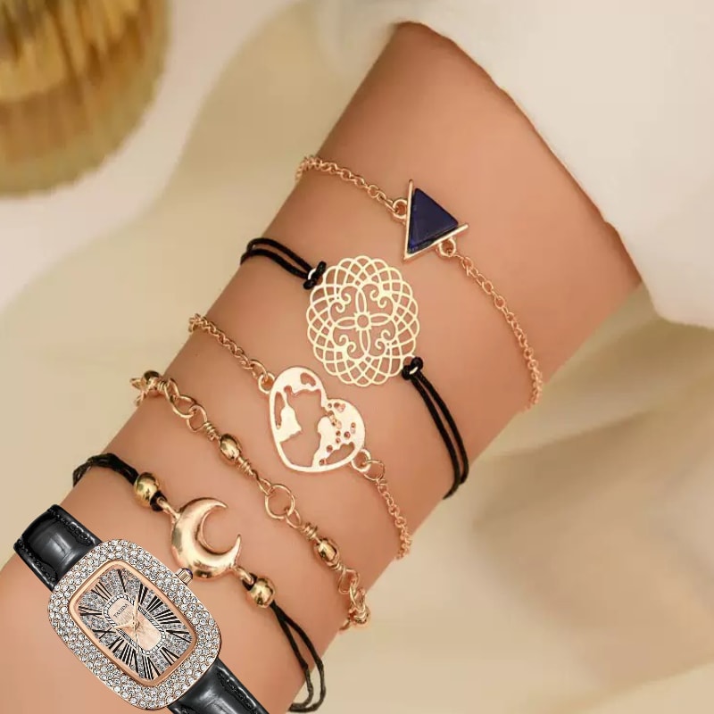 UPHUI 6PCS Women Watch Set Full Diamond Leather Strap Square Watch Women's Watches Luxury Timetable Quartz Fashion Watch Female Wrist Wstch Clock