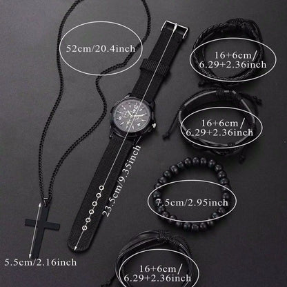 6pcs Set Fashionable Pu Leather 8 Shape Beaded Bracelet With Mechanical Watch Cross Pendant Necklace For Men, Black Colored
