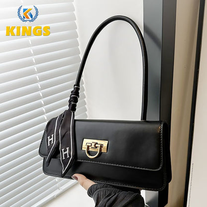 Ladies Underarm Bag Women Handbag Black PU Bag Ribbon Decoration Small Bag Phone Bag