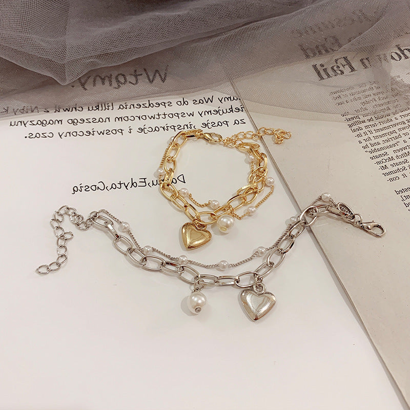 1-piece Elegant and Popular Fashionable and Versatile Bracelet Love Pearl Double Layer Bracelet Peach Heart Pendant Handicraft for Women