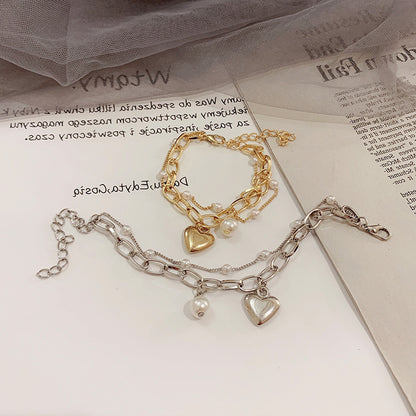1-piece Elegant and Popular Fashionable and Versatile Bracelet Love Pearl Double Layer Bracelet Peach Heart Pendant Handicraft for Women