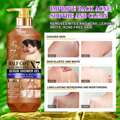 ROUSHUN Half Cast Scrub Shower Gel Fast Whitenng Shower Gel Deeply Cleanses Rich and Creamy blend Softer Skin After Wash Removes Acnes Clear Pimples Cleans and Hydrates Glow and Shine 1000ml