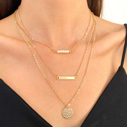 Three-layer necklace pearl geometry Round element Personality and fashion Rose gold necklace Women's Necklaces