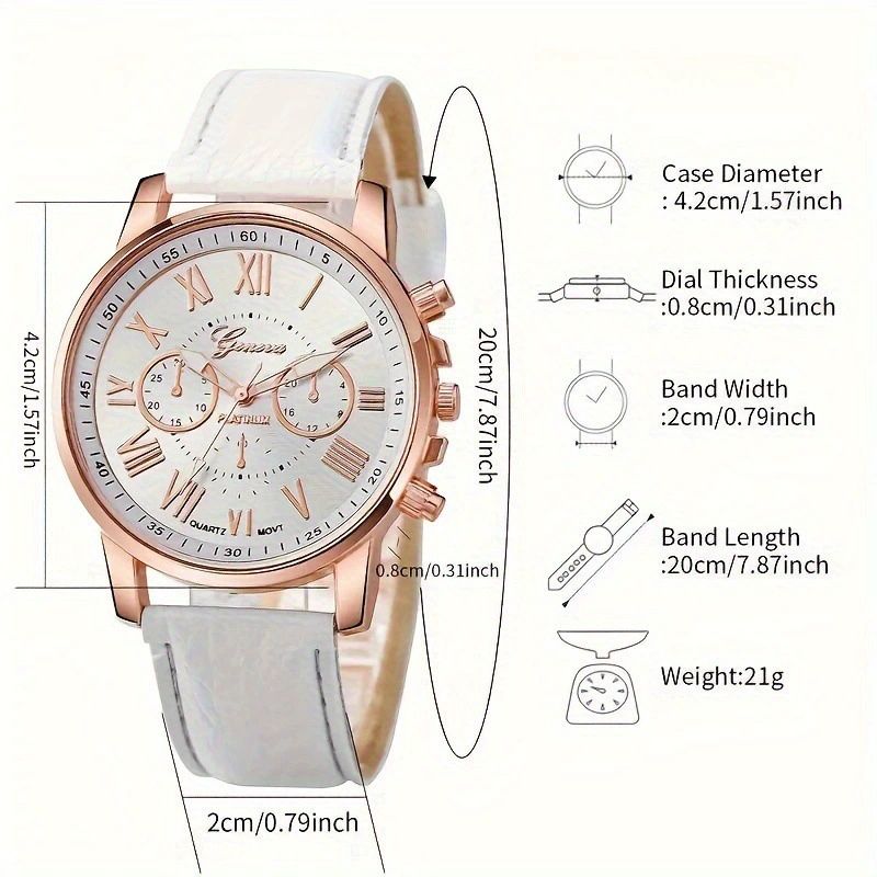 6PCS Fashion Women's Quartz Watch Leather Band Analog Wrist Watches Heart Rhinestone Jewelry Set