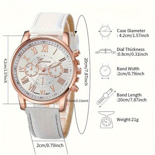6PCS Fashion Women's Quartz Watch Leather Band Analog Wrist Watches Heart Rhinestone Jewelry Set