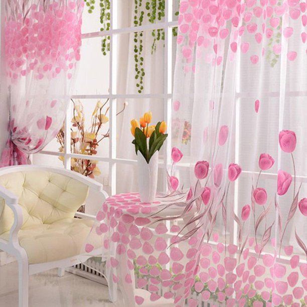 Tulip Printed Tulle Voile Door Window Curtain Sheer Drape Panel
