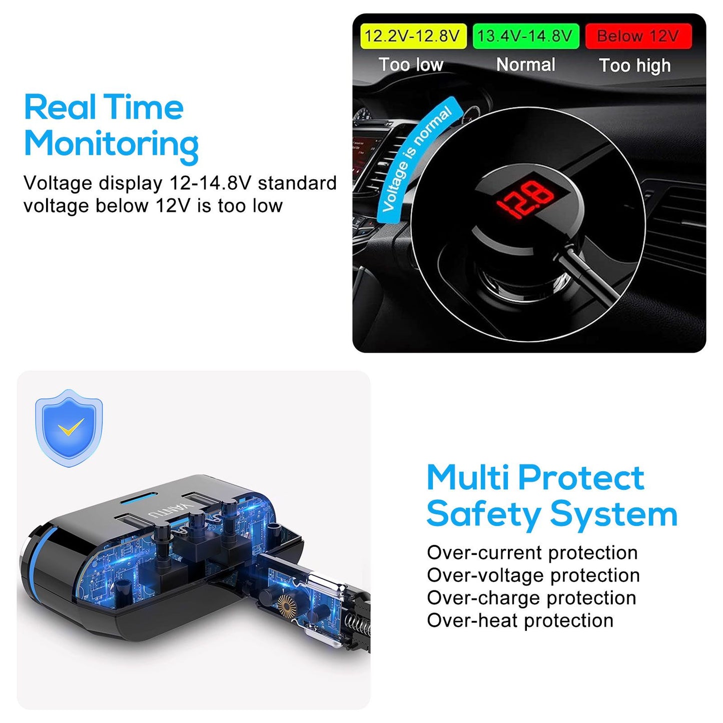 Cigarette Lighter Adapter & Splitter with 150W 3-Sockets & LED Ambient Lighting, Dual USB Fast Charging Car Outlet 12V, Car Cigarette Lighter Socket Plug Extension for Vehicles