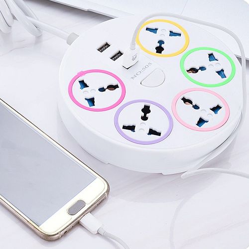 British Round Desktop Socket Universal Power Strip Power Socket Heavy Duty Surge Protector Plug Power Socket 5 Way Outlets 3 USB Charging Ports USB Charger Adapter 6.56 ft Long Extension Cord