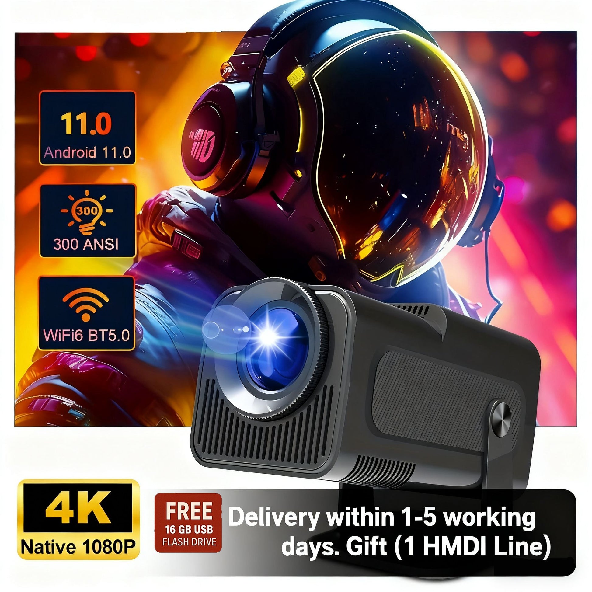 HY320 Model(not HY320 Mini), JEERO 4K Android Projector, Dual Wifi 6, Wireless 5.0, Portable Cinema Projector with Upgraded Features, 16g usb flash driver and Hmdi line as gift