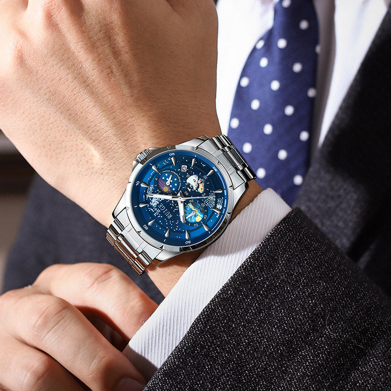 Luxury Man Watch High Quality Waterproof Chronograph Luminous Men's Wristwatch Stainless Steel Multifunctional Clock Moon Phase Starry Disk