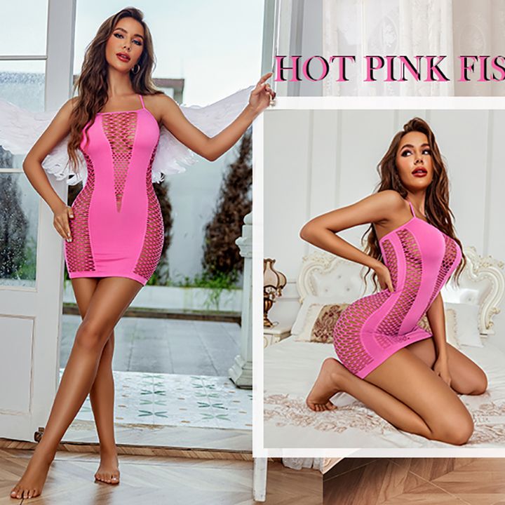 Womens Lingerie Fishnet Dress Mesh Badydoll Fishnet Bodysuit See Through Chemise