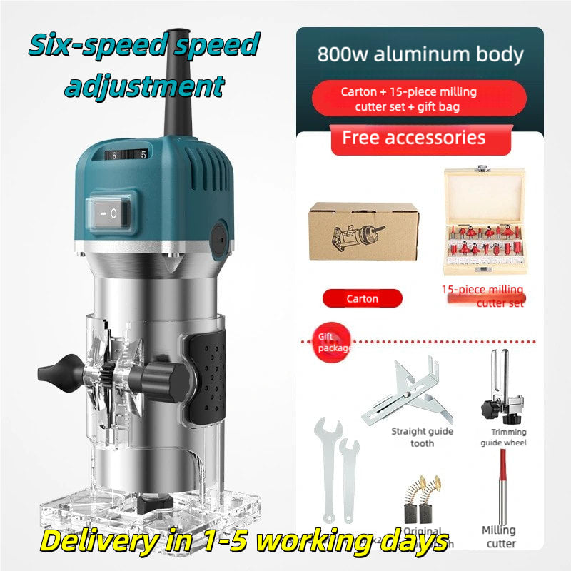 6 Speed A set of Electric woodworking , 800W Handheld Electric edger,Electric router,manual wood trimmer with 15 1/4 "drill bit sets, edge and roller guide rails,Electric router