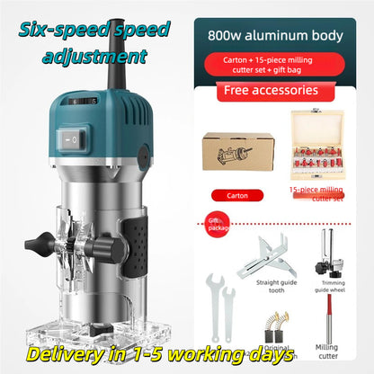 6 Speed A set of Electric woodworking , 800W Handheld Electric edger,Electric router,manual wood trimmer with 15 1/4 "drill bit sets, edge and roller guide rails,Electric router