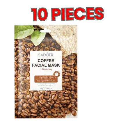 10 PIECES Sadoer Coffee Facial Mask Sheets Moisturizing, Deep Repair Cleansing Natural Coffee Extracts Essence Face Masks