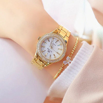Women's Elegant Casual Goldn Watch Crystal Diamond Inlaid Watch Stainless Steel Silver Quartz Watch Bracelet Set Gift for Wife