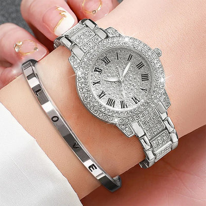2PCS Women's Elagant Watch Fashion Full Diamond Roman Dial Steel Band Quartz Watch Ladies Love Bracelet Set Temperament Wearing Style