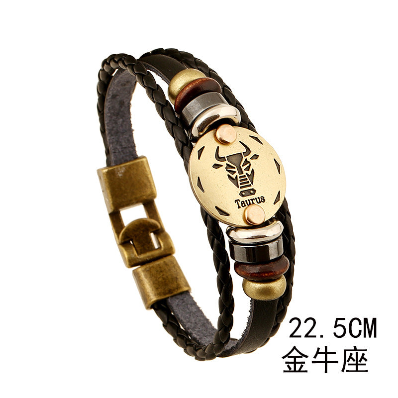 12 Constellations Multi-layer Leather Cuff Chain Lucky Charm Fashion Bronze Alloy Buckles Bracelets