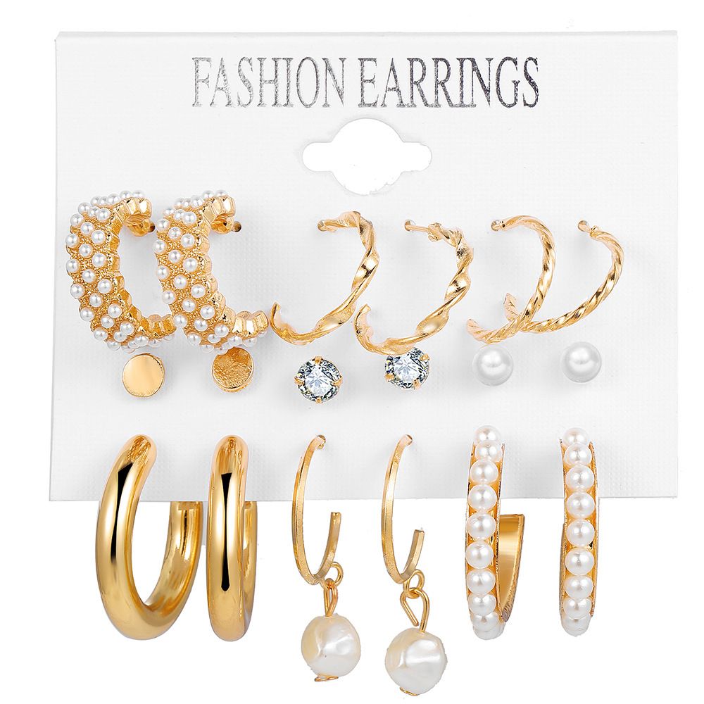 9 pairs of earring set New inlaid imitation pearl earrings exaggerated personality creative French retro gold earrings set 9-piece women's fashion accessories jewelry