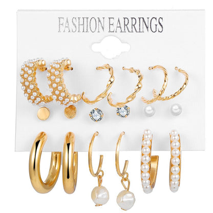 9 pairs of earring set New inlaid imitation pearl earrings exaggerated personality creative French retro gold earrings set 9-piece women's fashion accessories jewelry