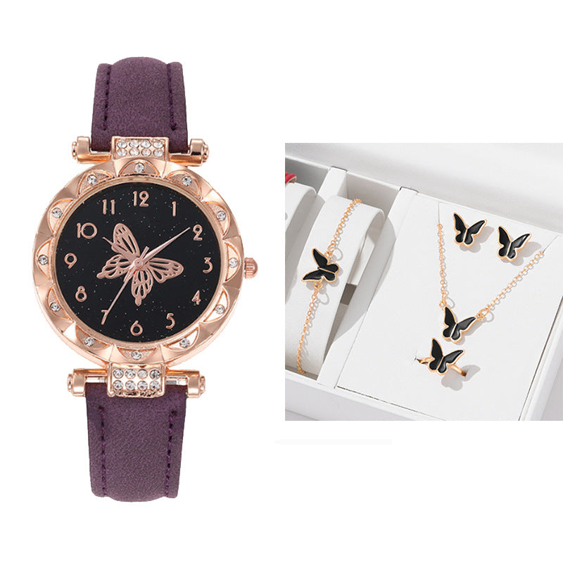 Popular Fashion 5 Set Women Watch Ring Necklace Earrings Bracelet Set Watches Luxury Crystal Butterfly Leather Strap Ladies Quartz WristWatch (With Box)