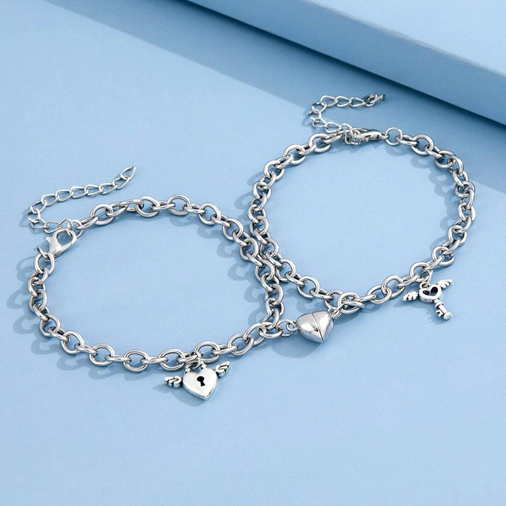 Couple Bracelets Magnetic Buckle Lovers Bracelets Fashion Love Key Lock Design couples Wrist Chain Bracelet Heart Couple Bracelet