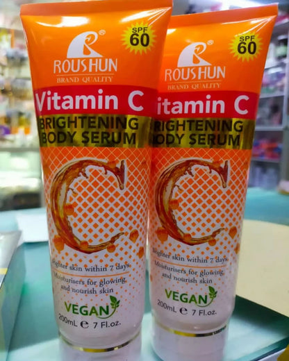 Roushun Vegan Vitamin C Brightening Body Serum with SPF 60 Moisturizes, Glows, Nourishes, Reduce Dark Spots, Promote Collagen Production & Offer UV-Protection with SPF 60