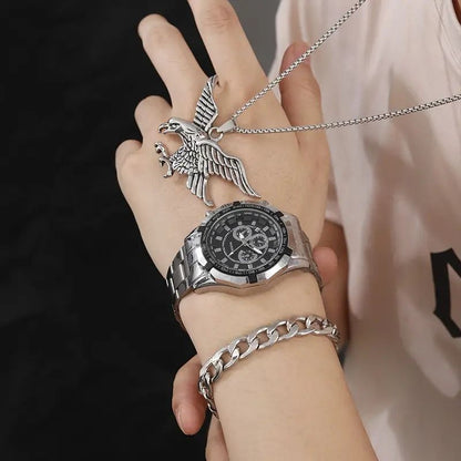 3pcs set Best Selling Fashion Mens Sports Gold Three Eyes Watches Men Business Steel Quartz Wrist Watch Calendar Male Casual Eagle Necklace Bracelet Wristwatch With Box