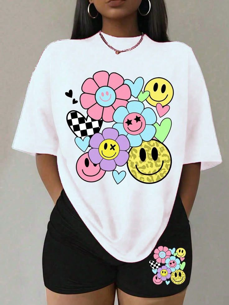 Customized emojiprints Women T-shirt Women Clothes Tops Lady shirt fashion casual Tshirts women top girl print short sleeve personality t-shirt girls t-shirt women's clothes - as shown in photo