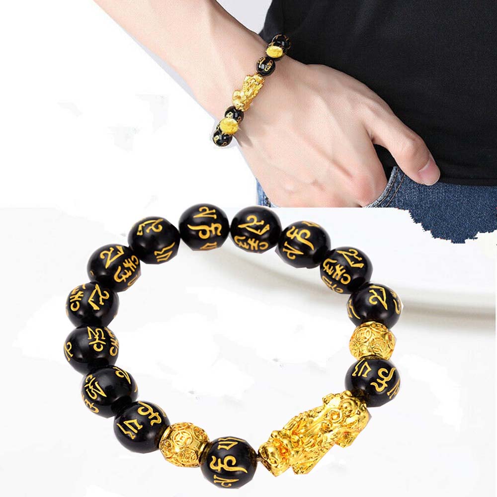 Feng Shui Obisidian Stone Beads Bracelet Men Women Wristband Gold Color Pixiu Black Six Character Proverbs Wealth and Good Luck